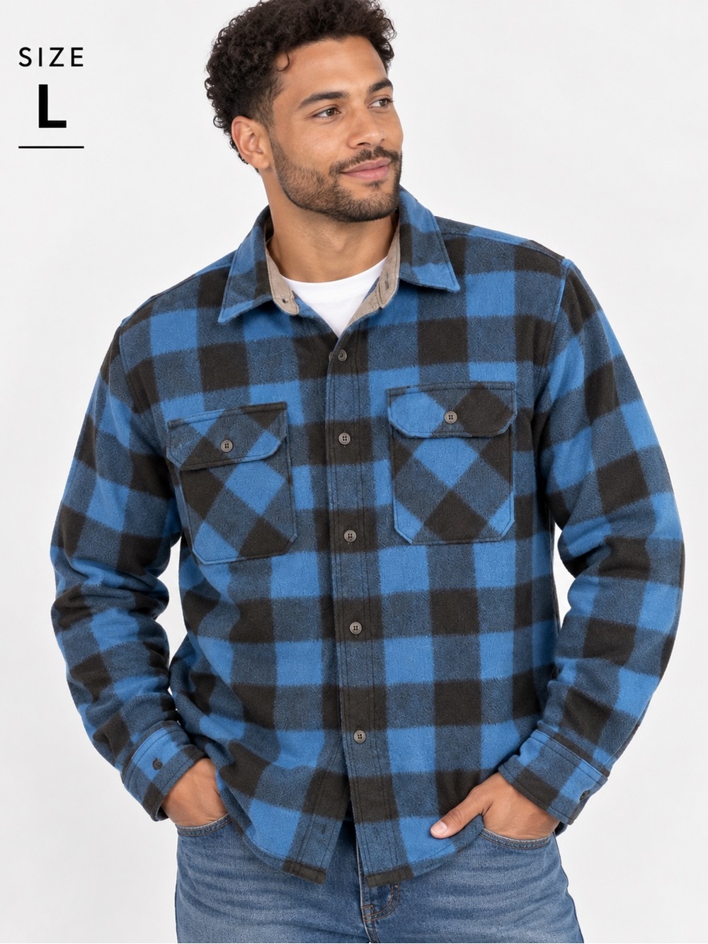 Wrangler Blue Black Buffalo Plaid Fleece Shirt Jacket Men’s Large
